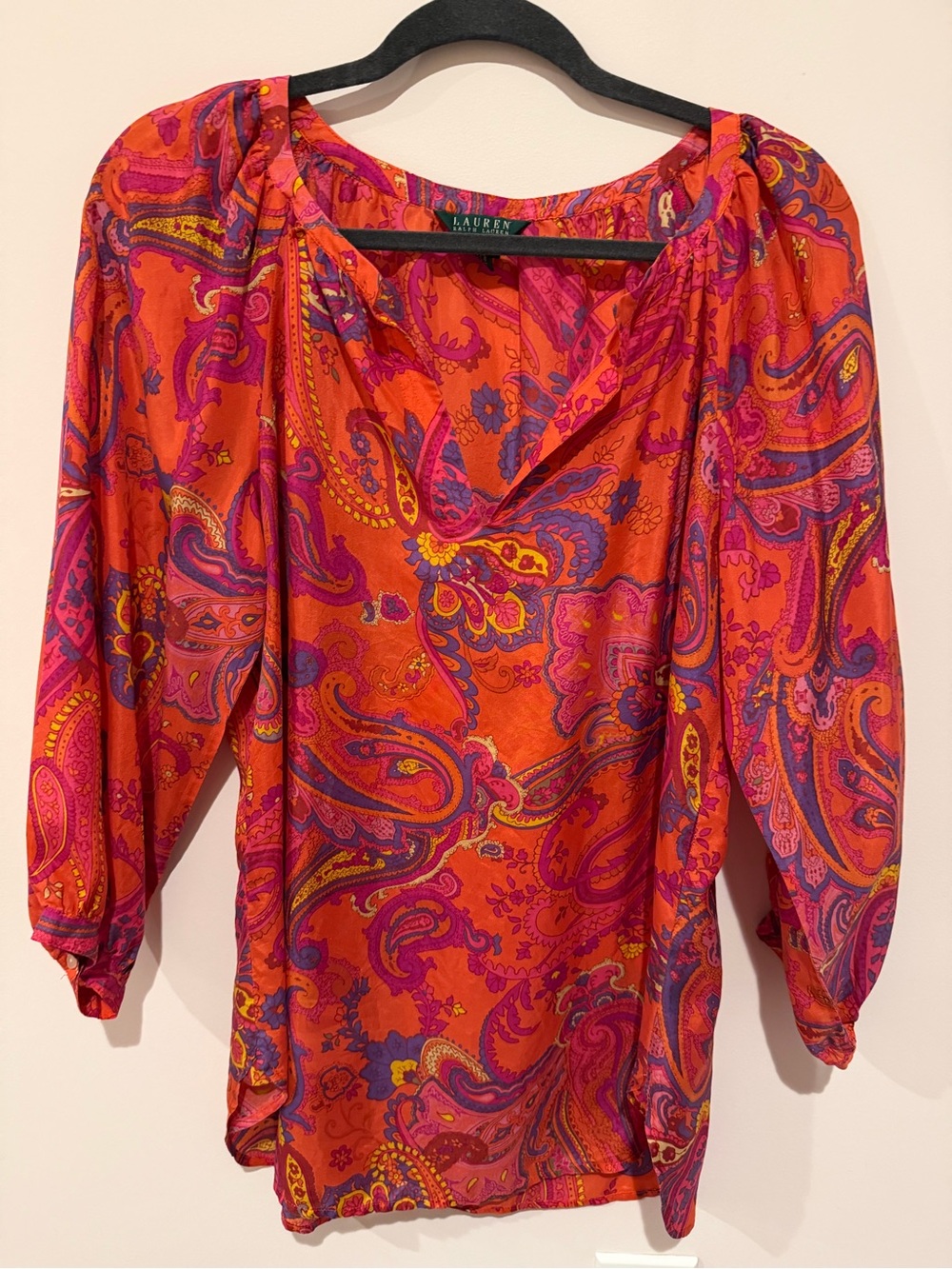 Ralph Lauren 100% Silk Pink and Orange Paisley Peasant Blouse